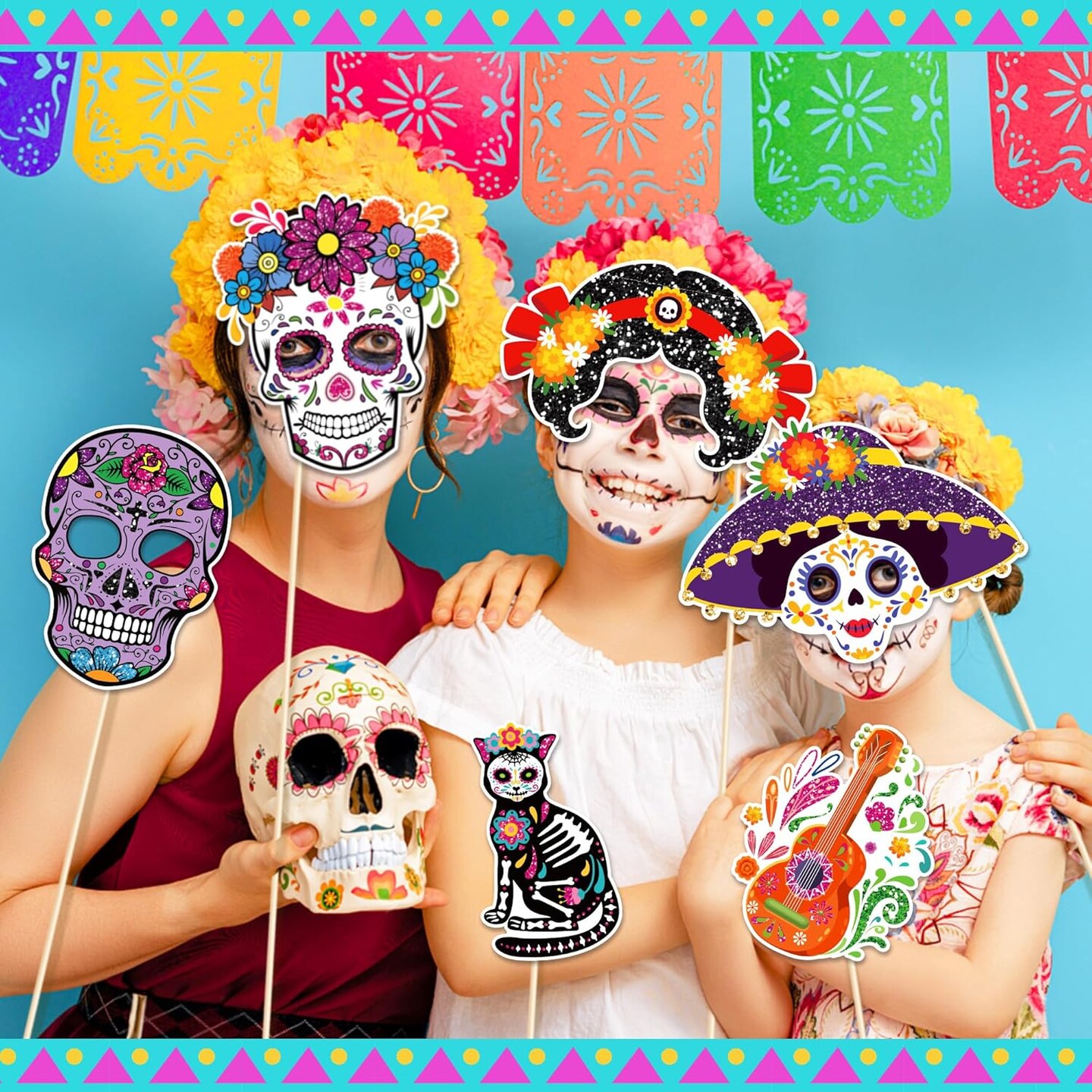Glitter Day of The Dead Photo Booth Props, Dia De Los Muertos Skull Decorations Photo Props Kits for Day of The Dead Party Favor, Mexican Fiesta Halloween Glitter Prop Pose Sign 30pcs