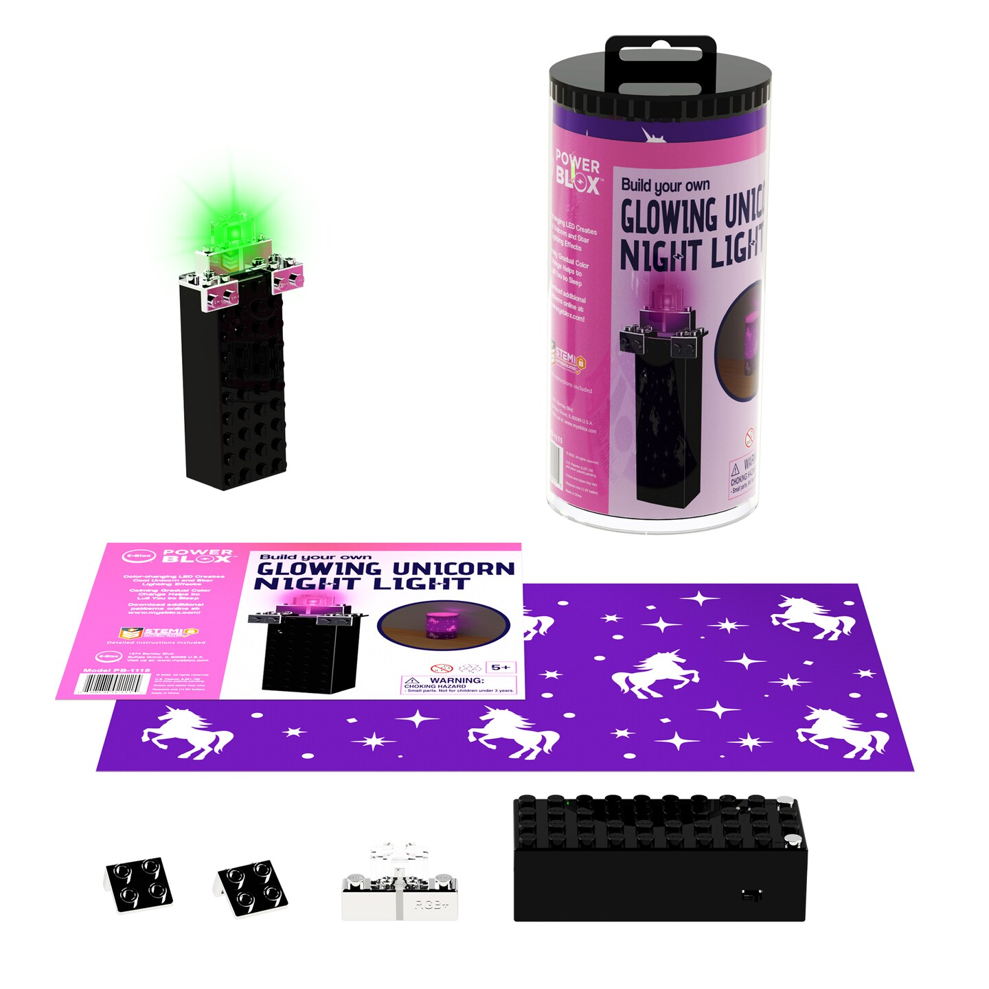 E-Blox: Power Blox: BYO Unicorn Glowing Night Light - Color-Changing LED Block, Image Projection Slip, DIY Craft Activity Kit, STEM Toy, Kids Ages 5+