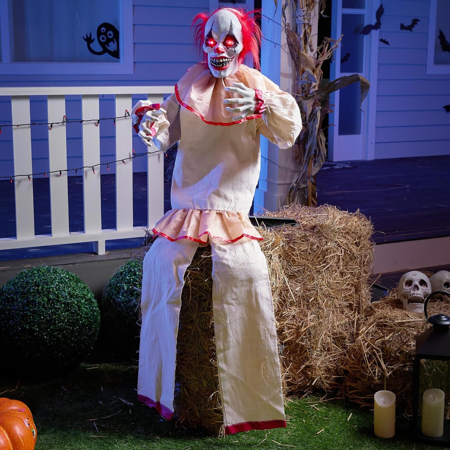 Halloween Animatronics Sitting Clown with Light-Up Eyes, Creepy Sound and Moving Arms &#x26; Head, Sound Activated Animated Halloween Decorations for Indoor Haunted House Decor Outdoor Yard Lawn