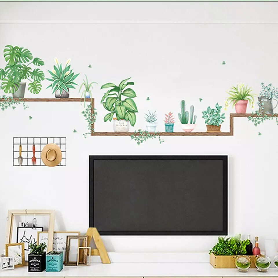 Green Wall Stickers Shelves with Potted Plants Removable PVC Bedroom Decorations