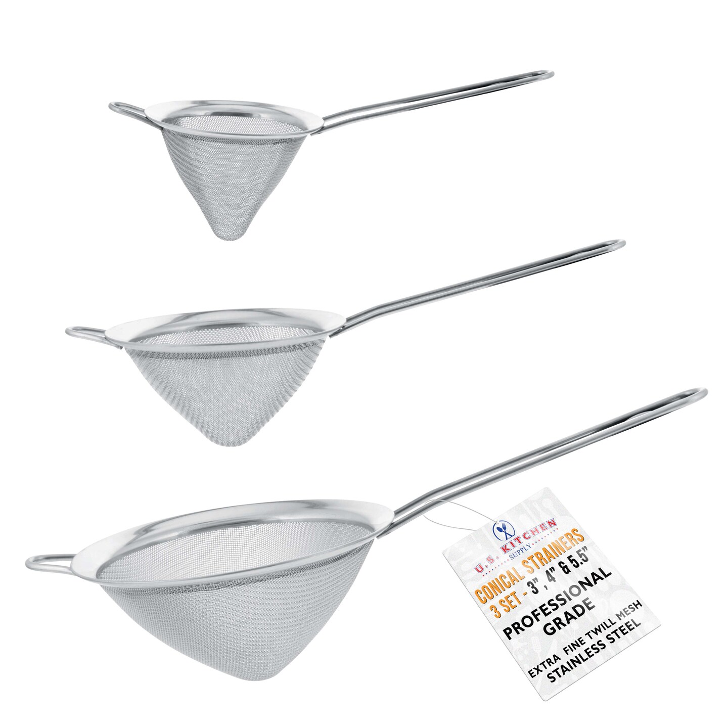 U.S. Kitchen Supply&#xAE; - Set of 3 Premium Quality Extra Fine Twill Mesh Stainless Steel Conical Strainers - 3&#x22;, 4&#x22; and 5.5&#x22; Sizes