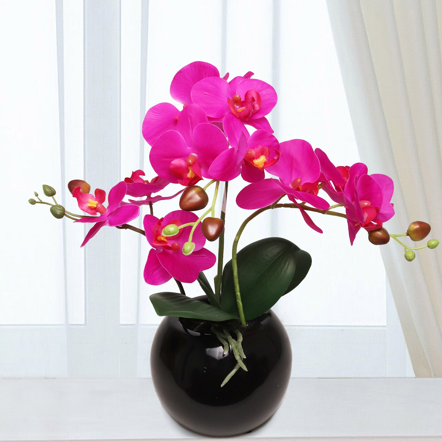 1 Piece 13-Inch Fuchsia Phalaenopsis Orchid Flowers in 5-Inch Round Black Vase, Lifelike Floral Décor, Perfect for Home, Office, and Event Displays