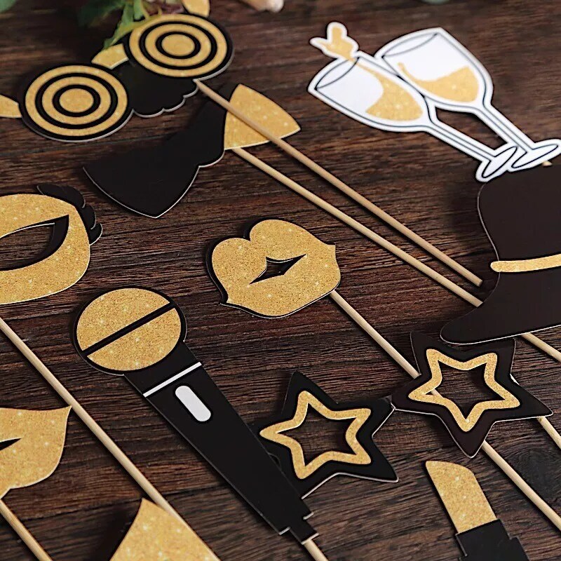 24 Black Gold Vintage Glitter DIY Party Photo Booth Props Event Home Decorations