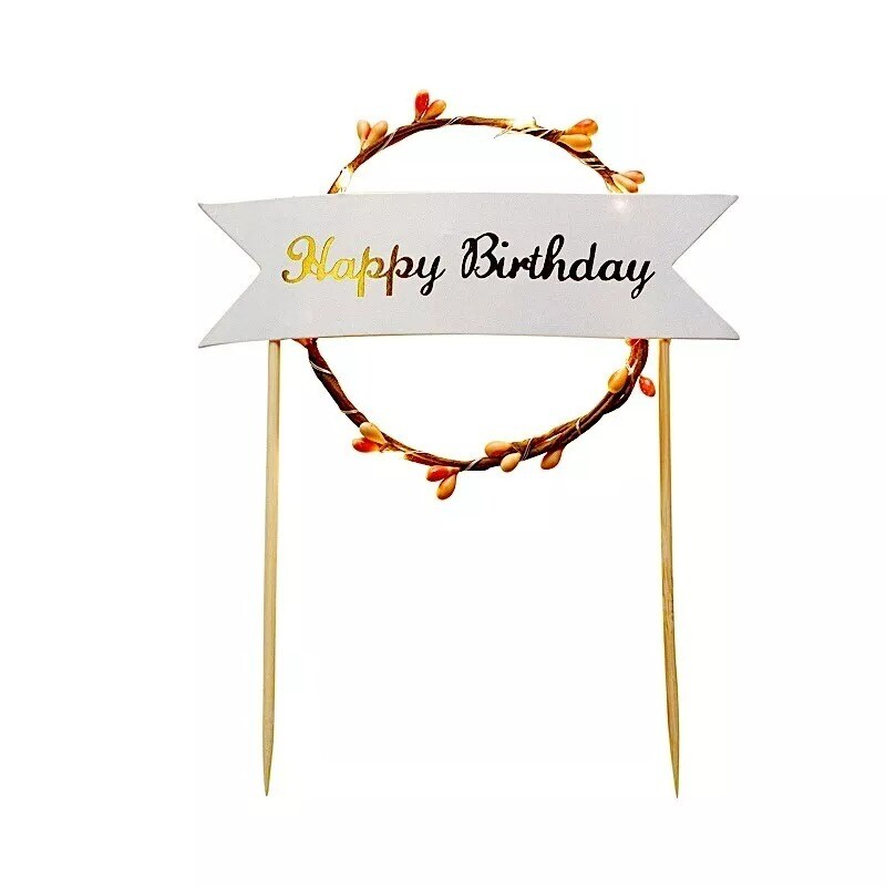 7&#x22; tall White and Brown Happy Birthday LED Cake Topper Party Home Decorations