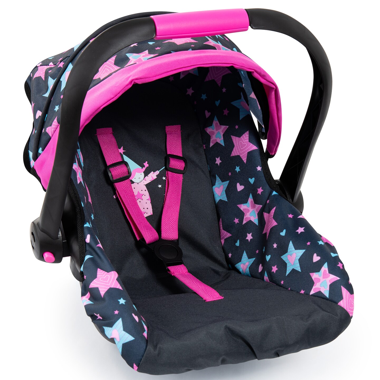 Bayer Design Dolls: Car Seat - Turquoise, Pink, Stars - Fits Dolls Up To 18&#x22;, Kids Pretend Play, Safety Belt, Sun Canopy, Accessory For Plush Toys Stuffed Animals &#x26; Dolls, Suitable For Children Ages 3+