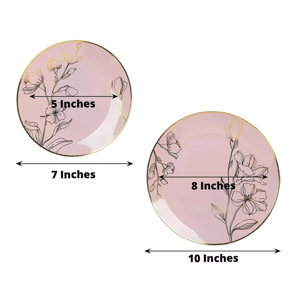 20 Round Dusty Rose Plastic Salad Dinner Plates Gold Floral Design Decorations