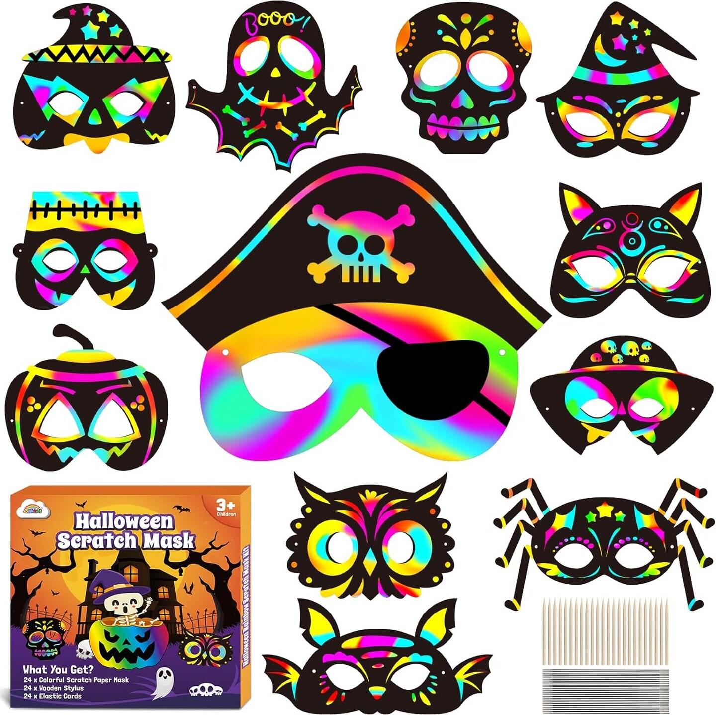 24 Pcs Rainbow Scratch Paper Mask Craft Kit Halloween Themed