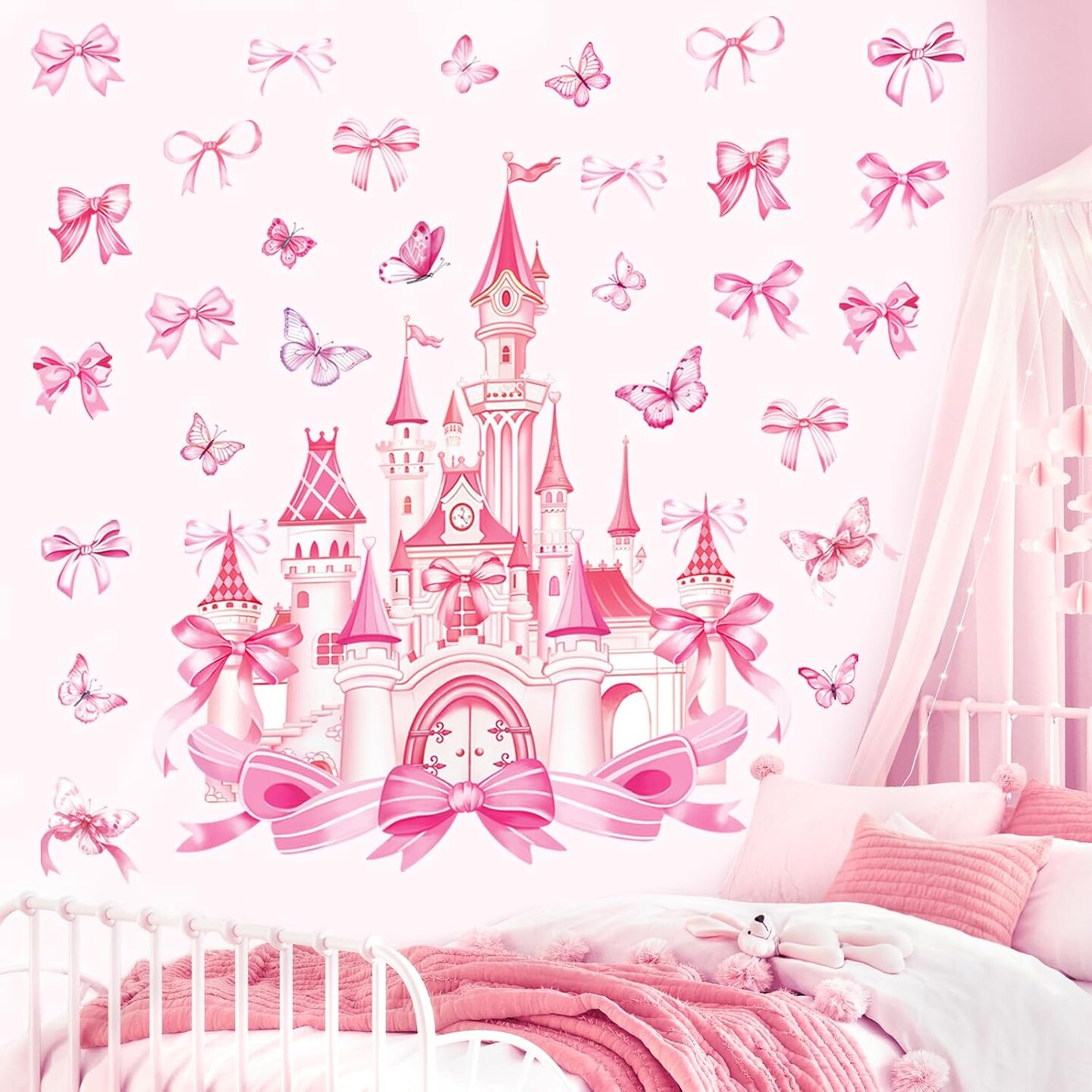 Large Castle Wall Stickers Pink Girl Room Bow Knot Butterfly Peel (Multi)