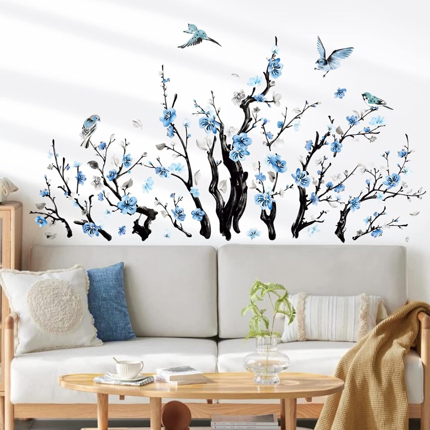 Watercolor Flower Tree Branch Wall Stickers Blossom Blue Floral Birds Peel