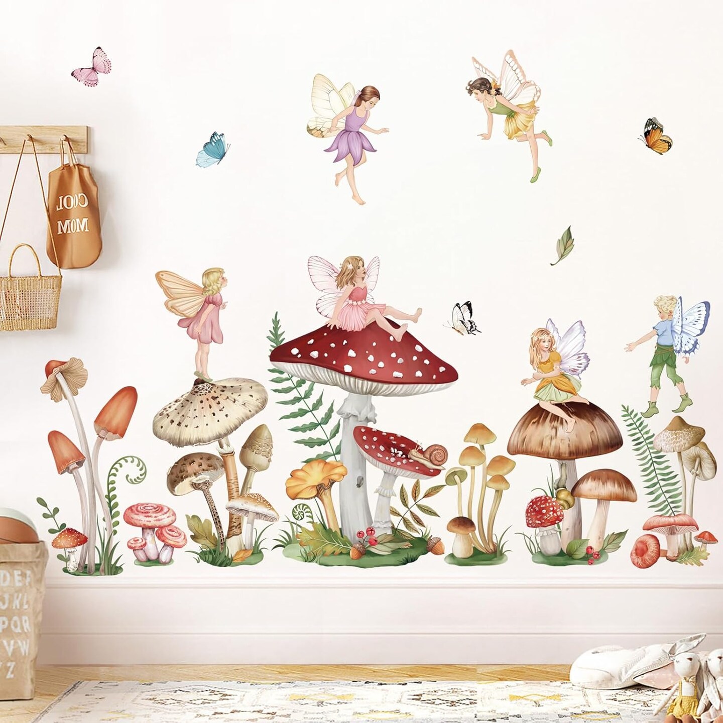 Woodland Mushroom Wall Decals Fairy Butterfly Forest Peel and Stick Wall Art (Multi)