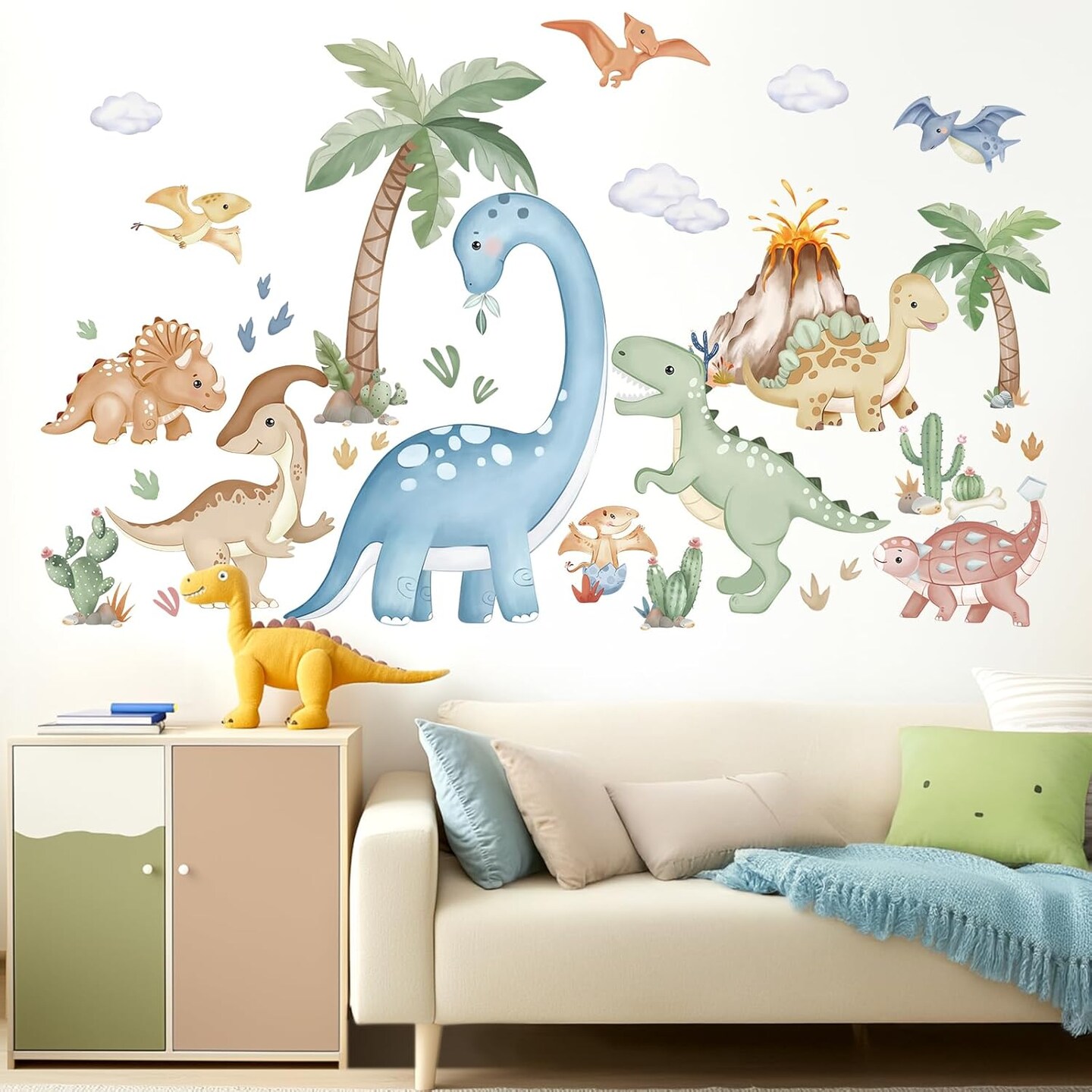 Large Boho Dinosaur Wall Stickers Watercolor Dino Tropical Plants Volcano Peel(Multi)