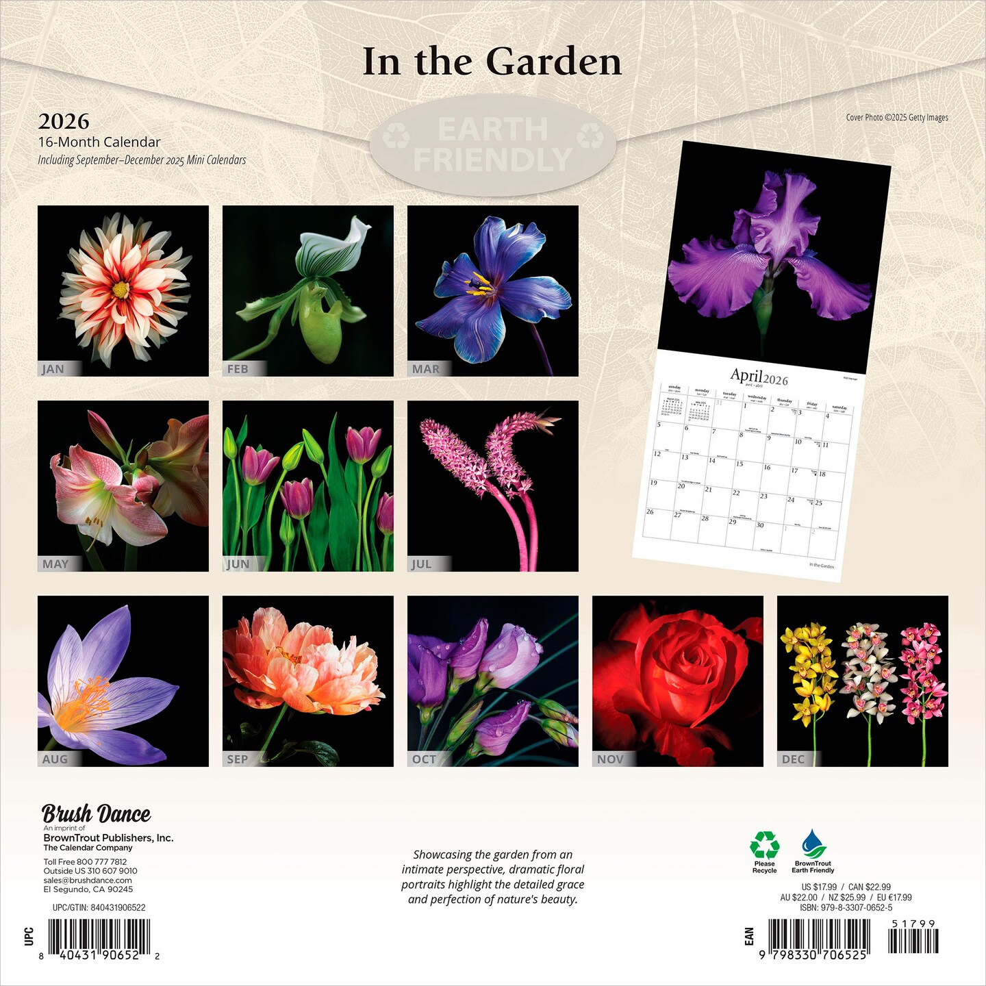 In the Garden | 2026 12 x 24 Inch (Hanging) Monthly Square Wall Calendar | Plastic-Free