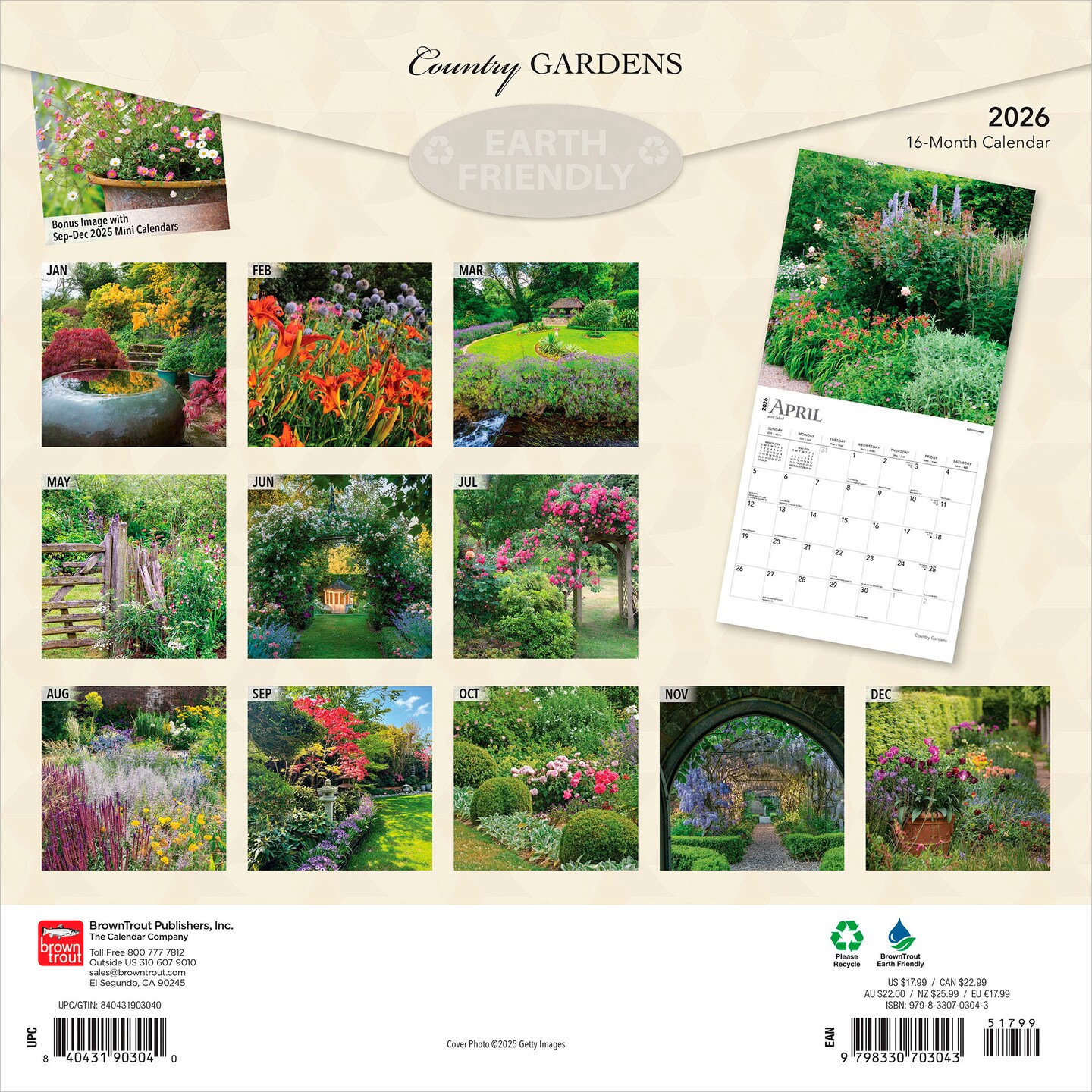 Country Gardens | 2026 12 x 24 Inch (Hanging) Monthly Square Wall Calendar | Plastic-Free