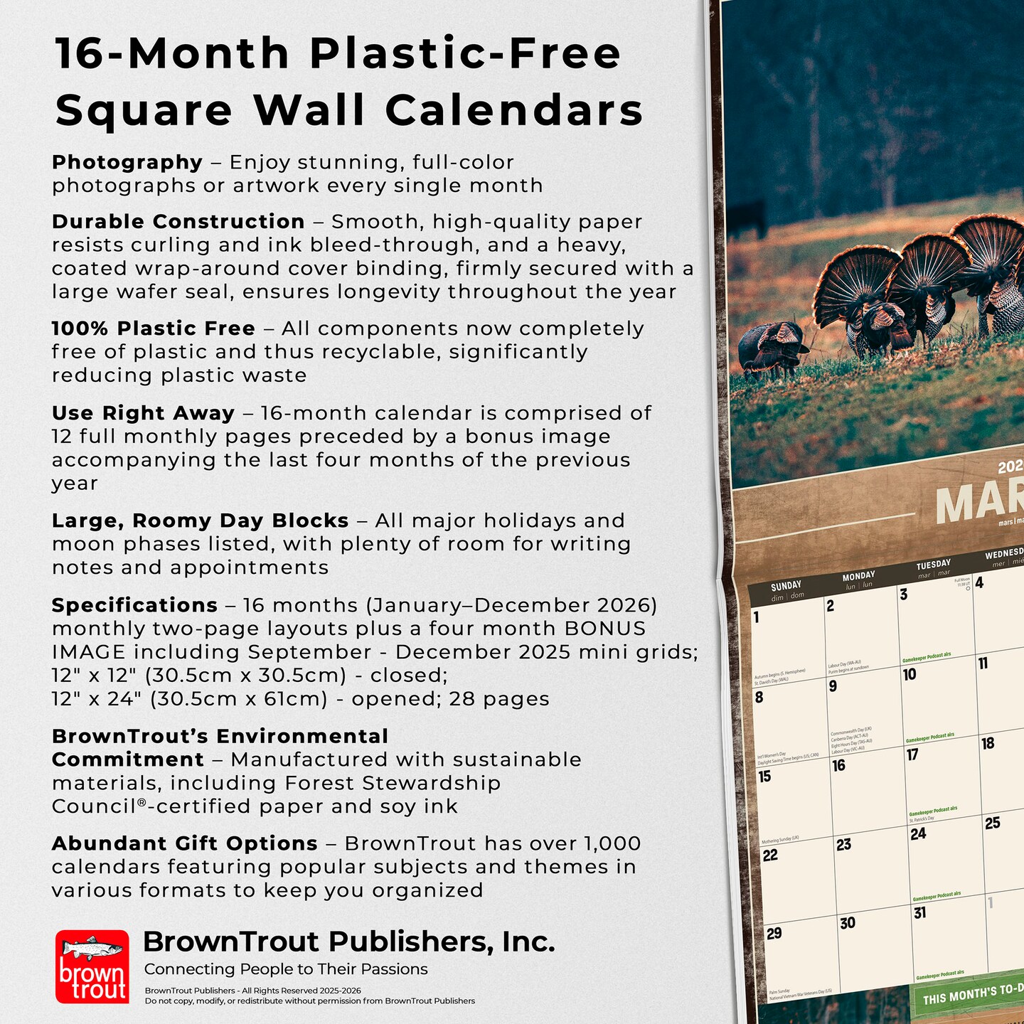 Mossy Oak Gamekeeper OFFICIAL | 2026 12 x 24 Inch (Hanging) Monthly Square Wall Calendar | Plastic-Free