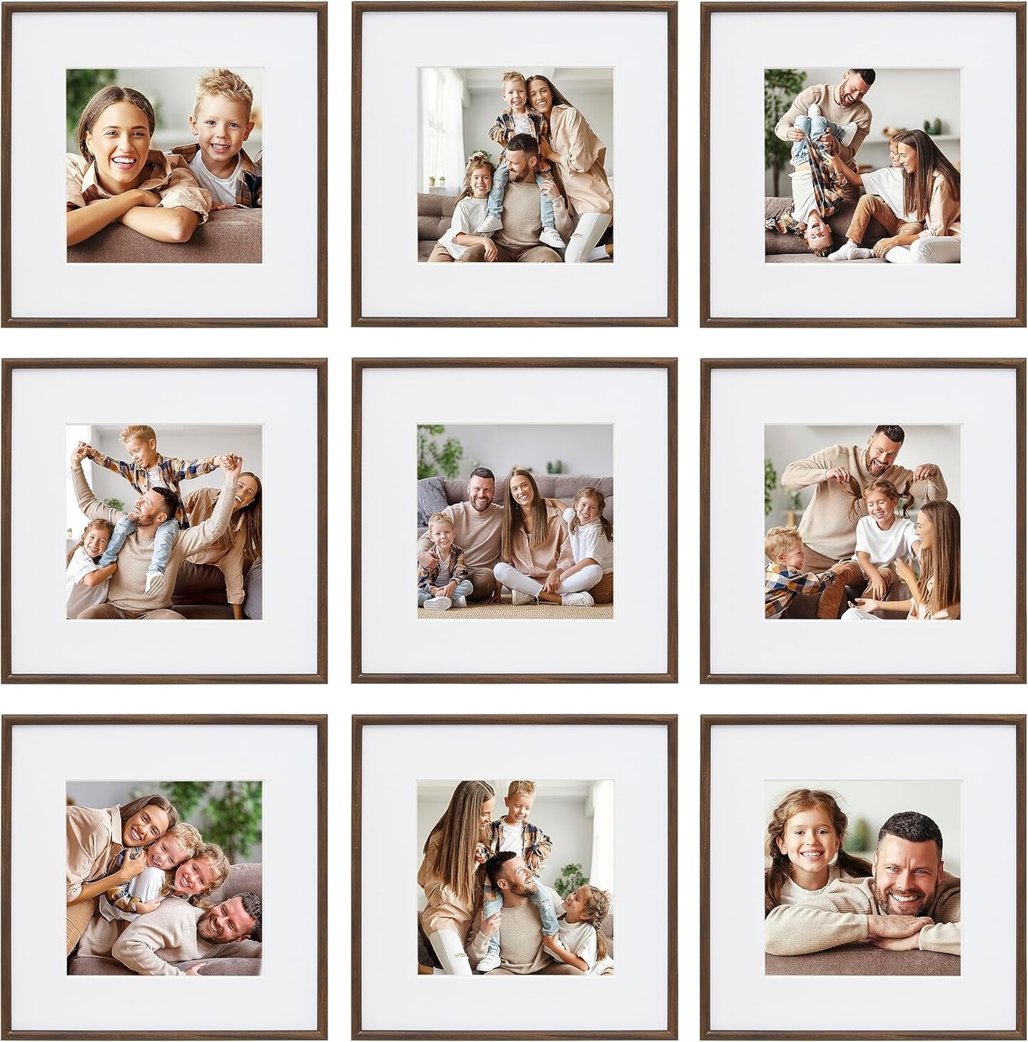 Reed 9 Piece Gallery Wall Frame Set, matted frames feature Photograph or Art Print, 8x8, Dark Brown Woodgrain Finish