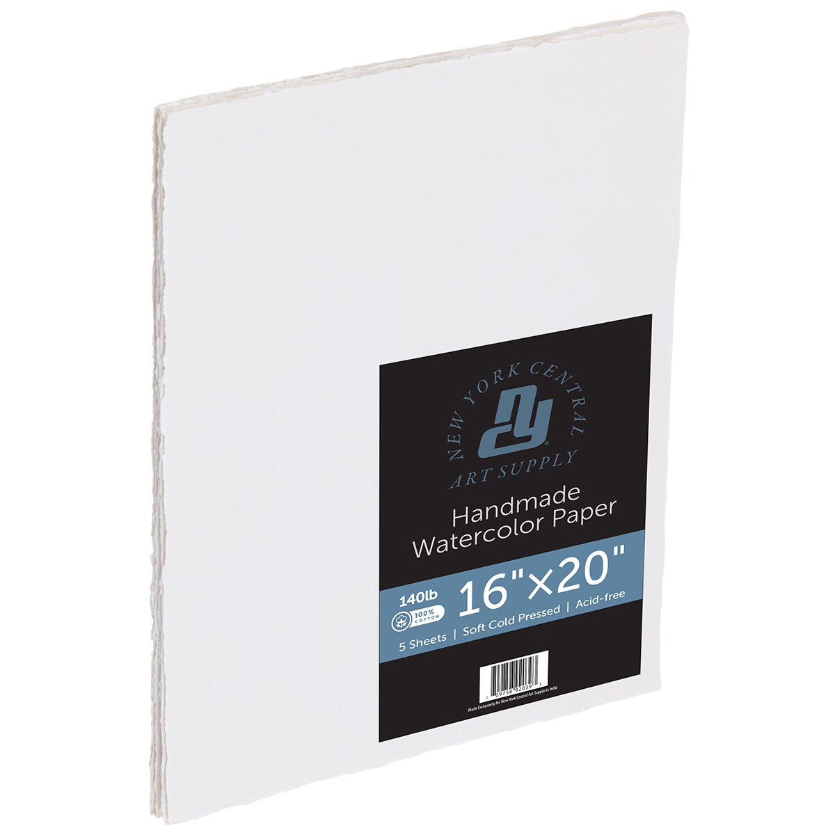 New York Central Handmade Watercolor Paper - 140lb, 16"X20" - 1 Pack of 5 Sheets, Acid-Free 100% Cotton Rag, Cold Press, 4 Deckled Edges, Minimally Sized, Mixed Media Paper for Charcoal & Pastels