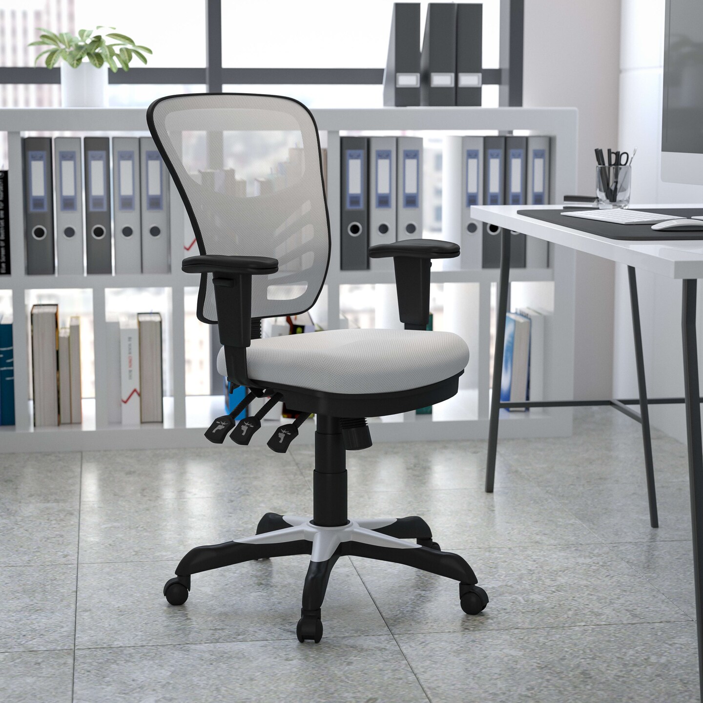 Emma and Oliver Mid-Back Mesh Triple Paddle Swivel Ergonomic Office Chair with Adjustable Arms