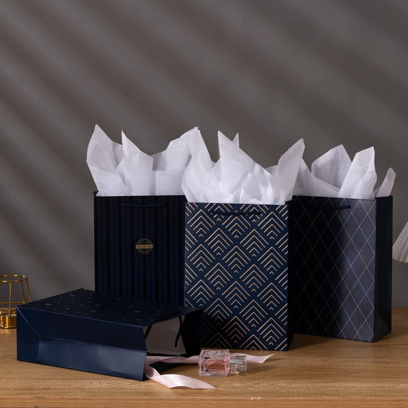 10 Pack Navy Blue Kraft Paper Gift Bags with Gold Foil Stars – 8x4x11 Inch Gift Bags with Handles & Tissue Paper, Bulk Gift Bags for Groomsmen, Christmas, Parties & Events