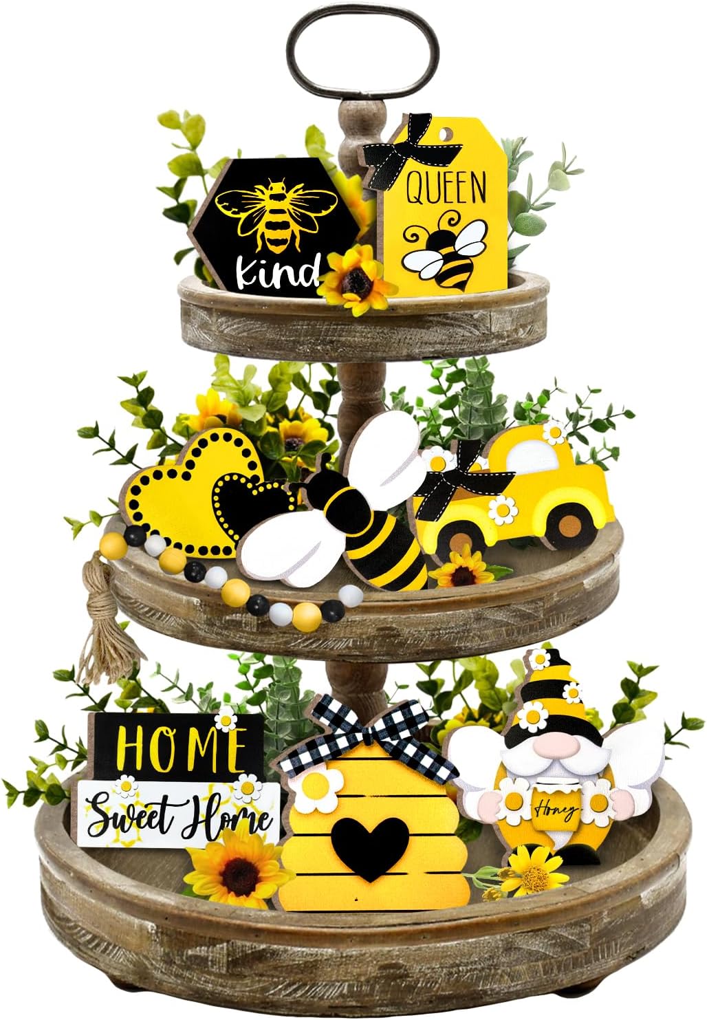 Bee Tiered Tray Decor – Spring & Summer Farmhouse Decorations, Bumble Bee Gnome, Hive, Honey Truck, Wooden Signs for Table, Shelf, Mantel, Office, Holiday Party