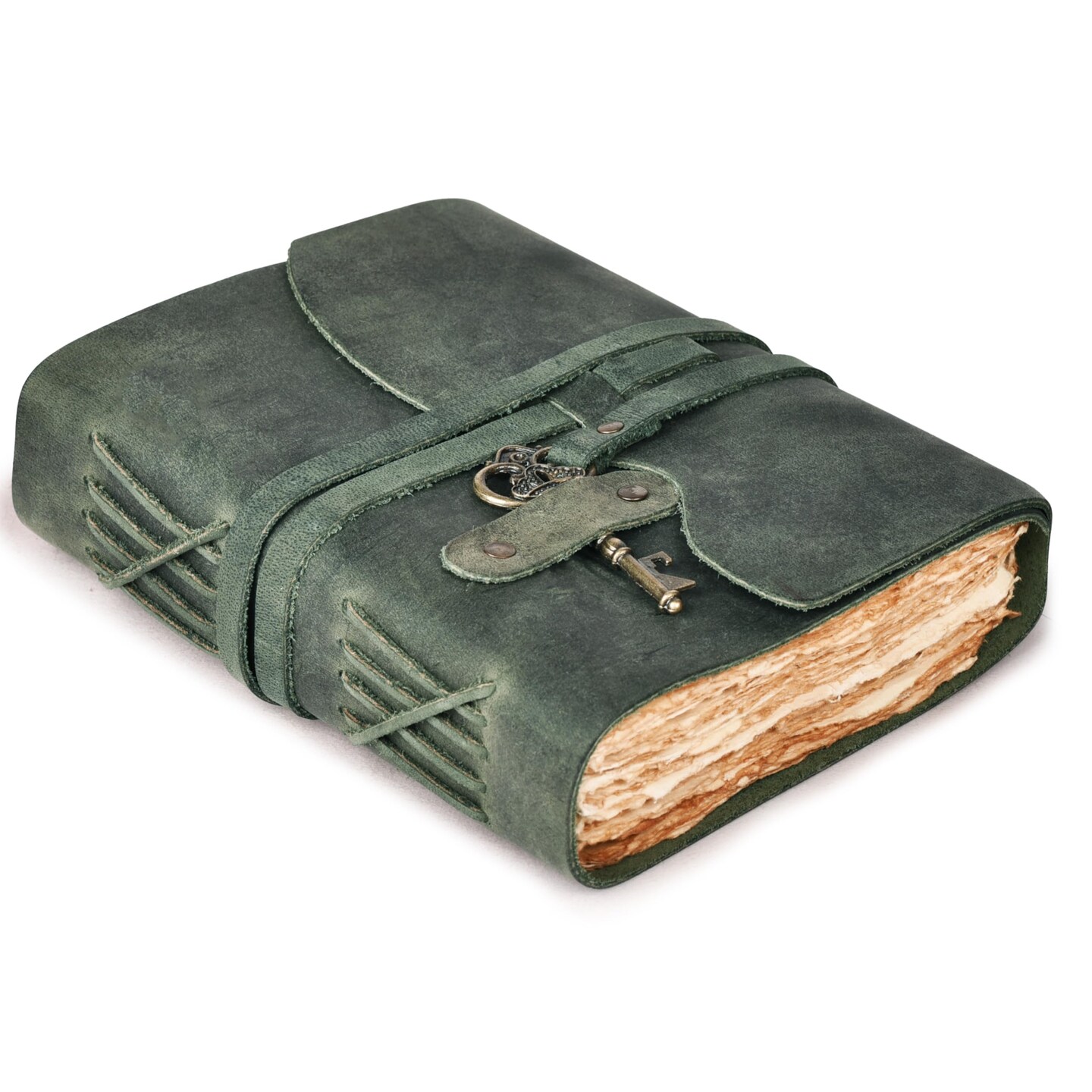 LEATHER VILLAGE Vintage Leather Journal &#x2013; 200 Handmade Vintage Deckle Edge Paper &#x2013; Leather bound Journal For Women Men &#x2013; Vintage Key Closure - Book of Shadows - Aqua - 6X4 inches (A6)