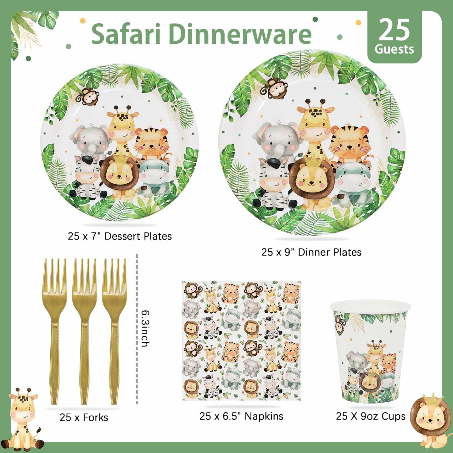 Safari Jungle Baby Shower Tableware Set – Sage Green for 25 Guests