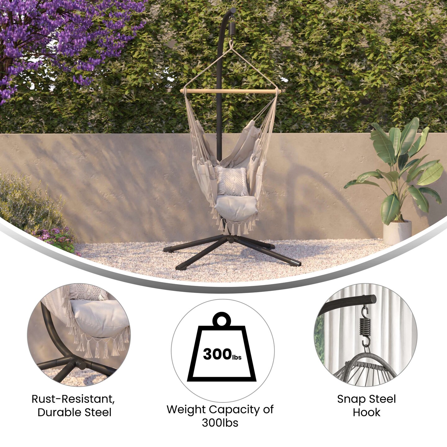 Merrick Lane Inger Heavy Duty All-Weather Hanging Hammock Chair C-Stand with Steel Offset Base and Hardware, 360 Degree Rotation