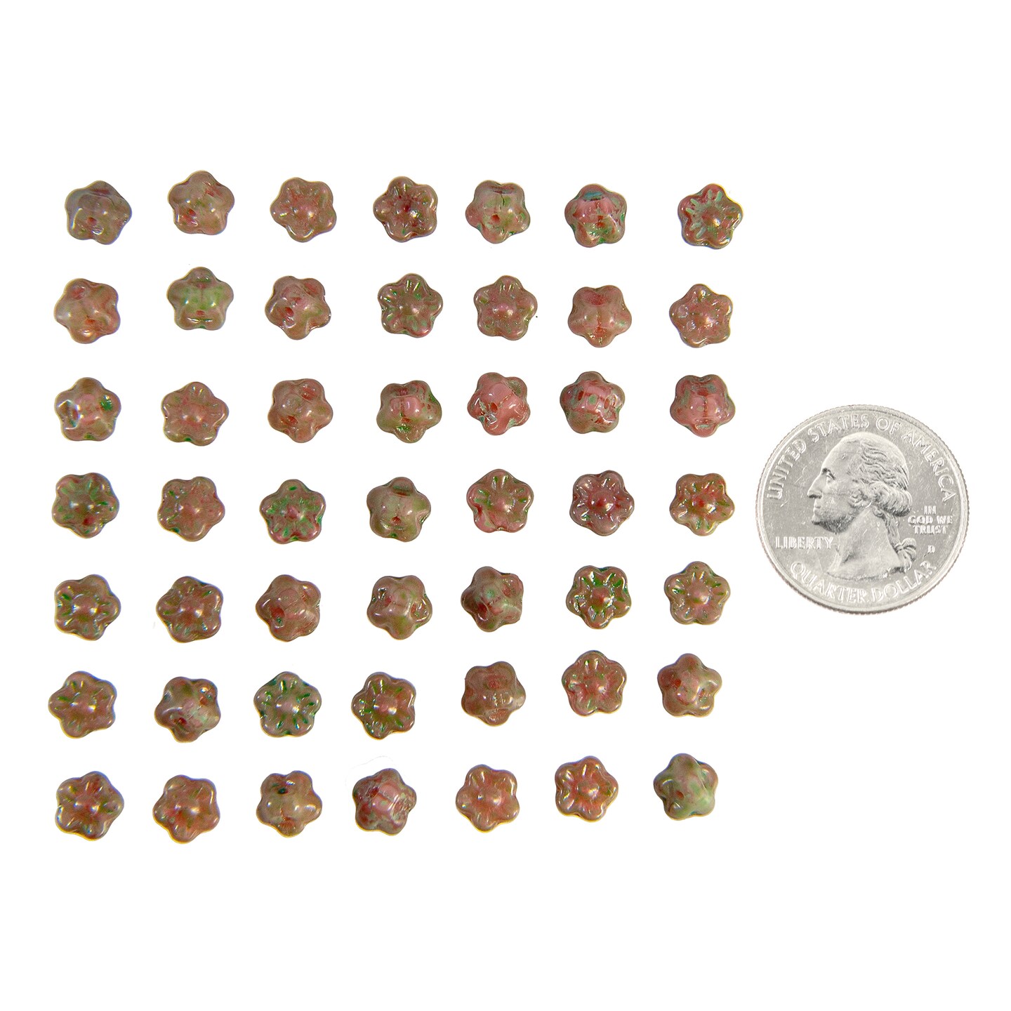 7mm Pinky Green Button Style Flower Beads Apx 48-50 Beads GB-BB01