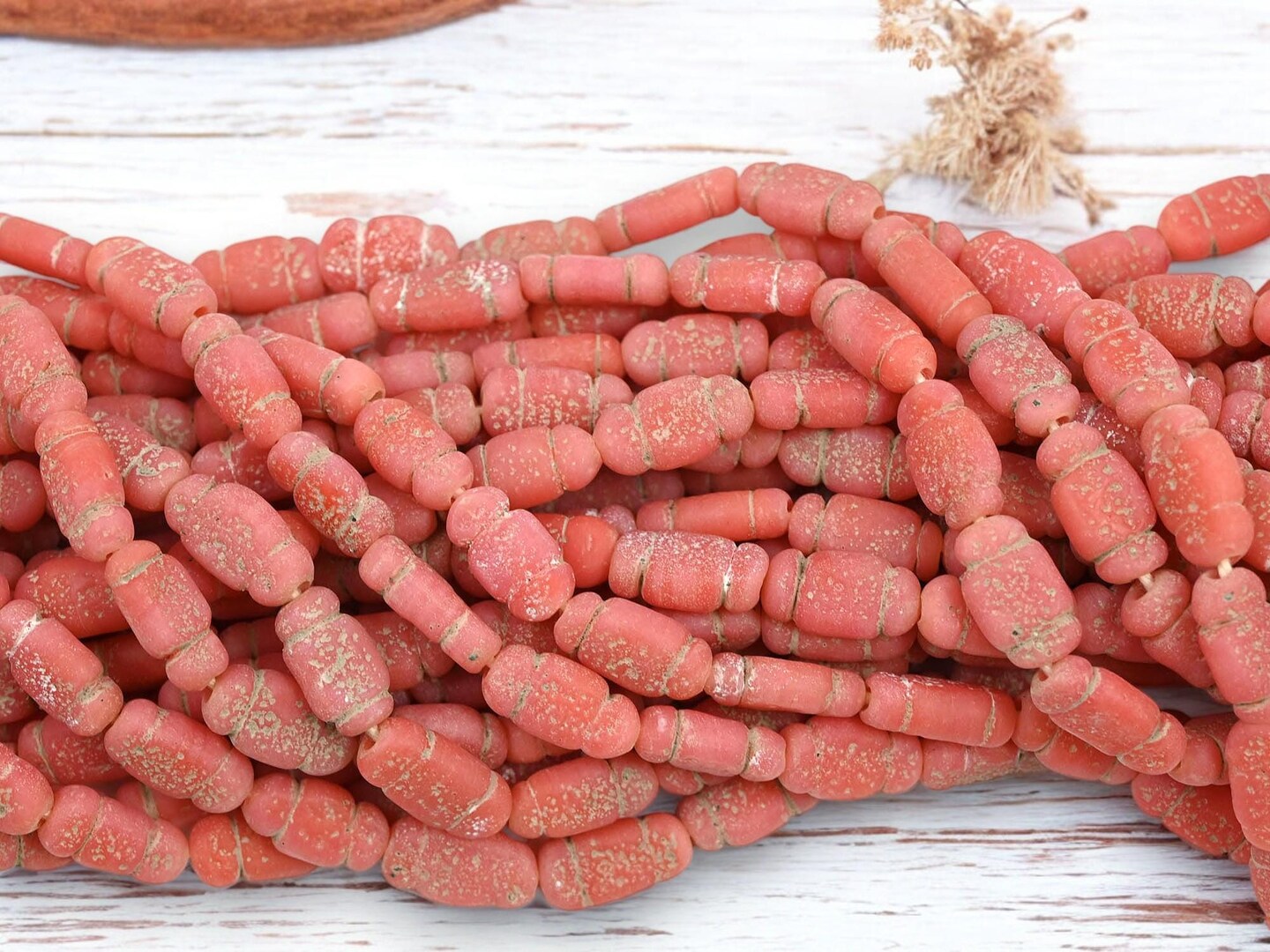 14x8mm Rustic Aged Coral Pink Indonesian Java Glass &#x22;Bottle&#x22; Beads (18&#x22; Strand)