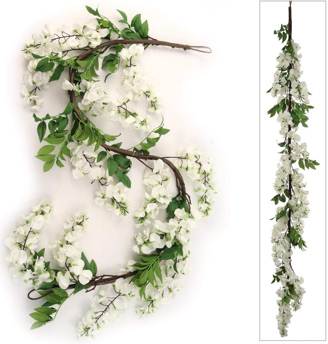 2PC Floral Home 60&#x22; Luxurious White Silk Wisteria Garland - 12 Lush Hanging Flowers - Wedding Aesthetics - Home &#x26; Office Embellishments - Floral Accent Piece - Centerpiece Table Decorations Garland