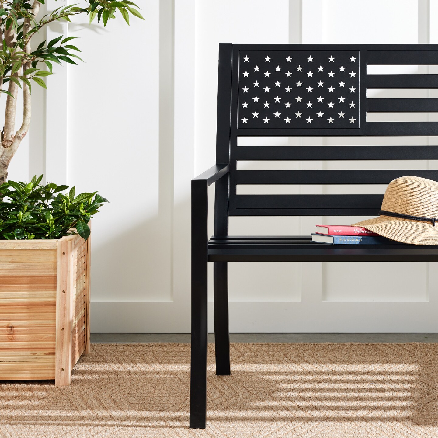 Best Choice Products Indoor Outdoor Steel Garden Bench w/ American Flag Backrest, 790lb Capacity