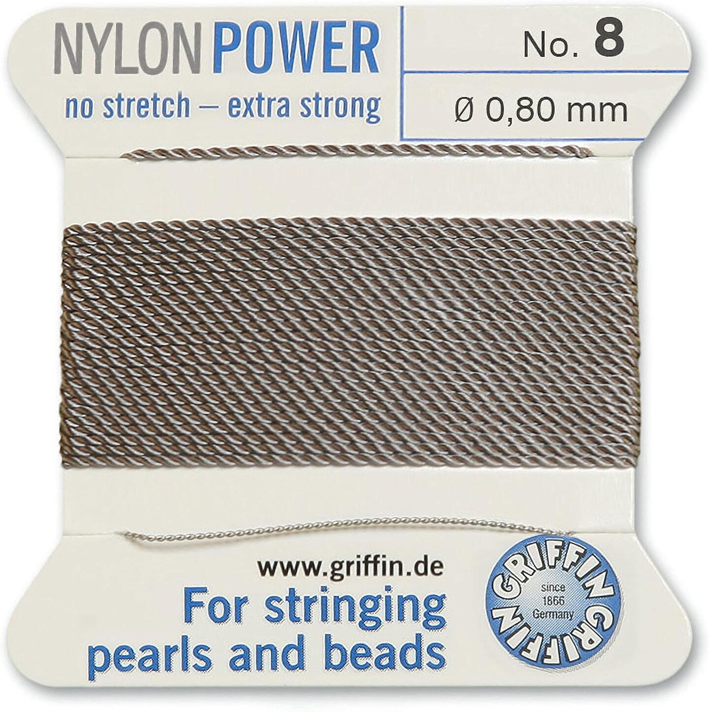 Griffin Nylon Bead Cord Perlseide – Size 8 (0.80mm) – 2 Meters per Card – Stainless Steel Needle Attached – for Knotting Pearls, Gemstones, Crystals and Beads