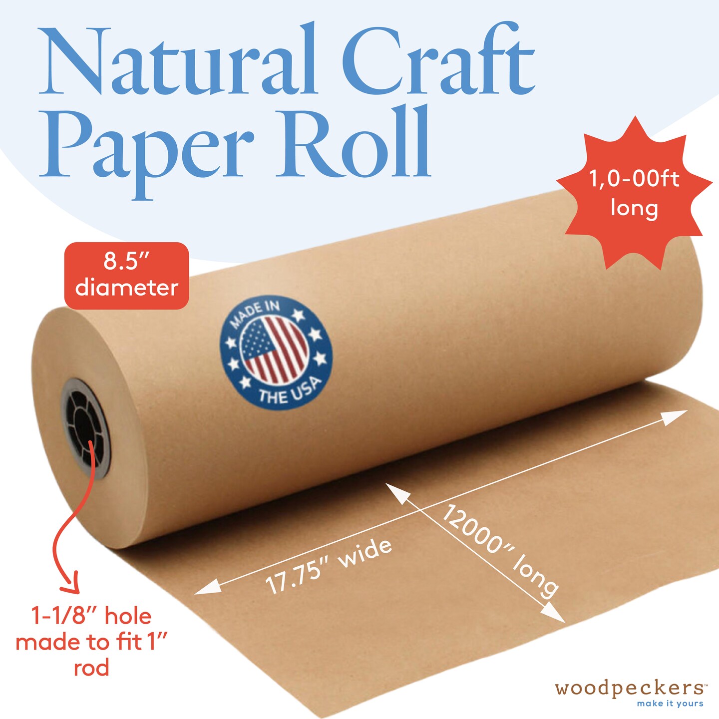 Jumbo Brown Craft Paper Roll, Multiple Sizes, for Gift Wrap| Woodpeckers