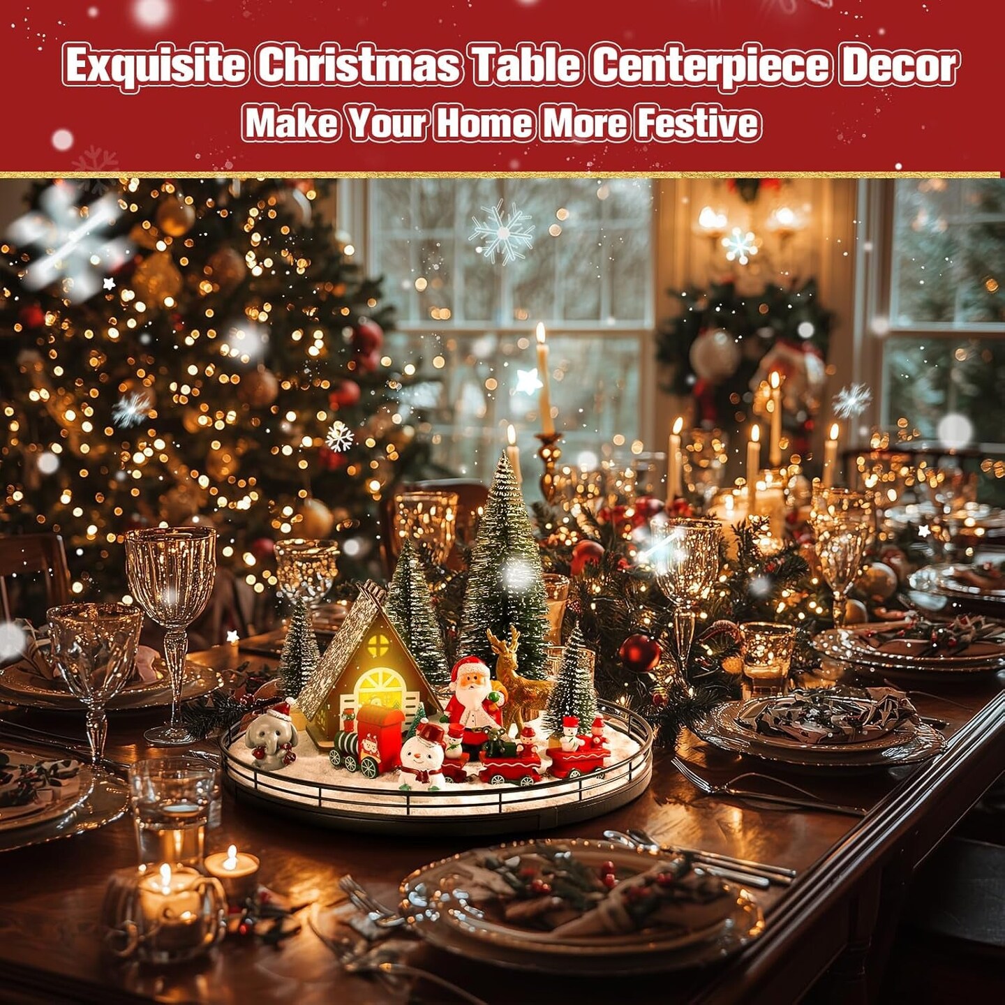 12 Pcs Christmas Table Decorations Indoor Christmas Village Sets, Winter Xmas Holiday 13&#x201D; Lazy Susan with Light-Up House Christmas Trees Santa Snowman Table Centerpieces Town Building Collection D&#xE9;cor