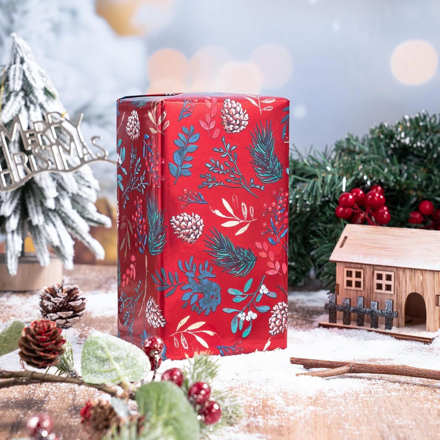 Christmas Wrapping Paper Roll - Mini Roll - 3 Rolls - 17 Inch X 120 Inch per Roll - Bird, Holly and Pinecones Holiday Design with Metallic Foil Shine