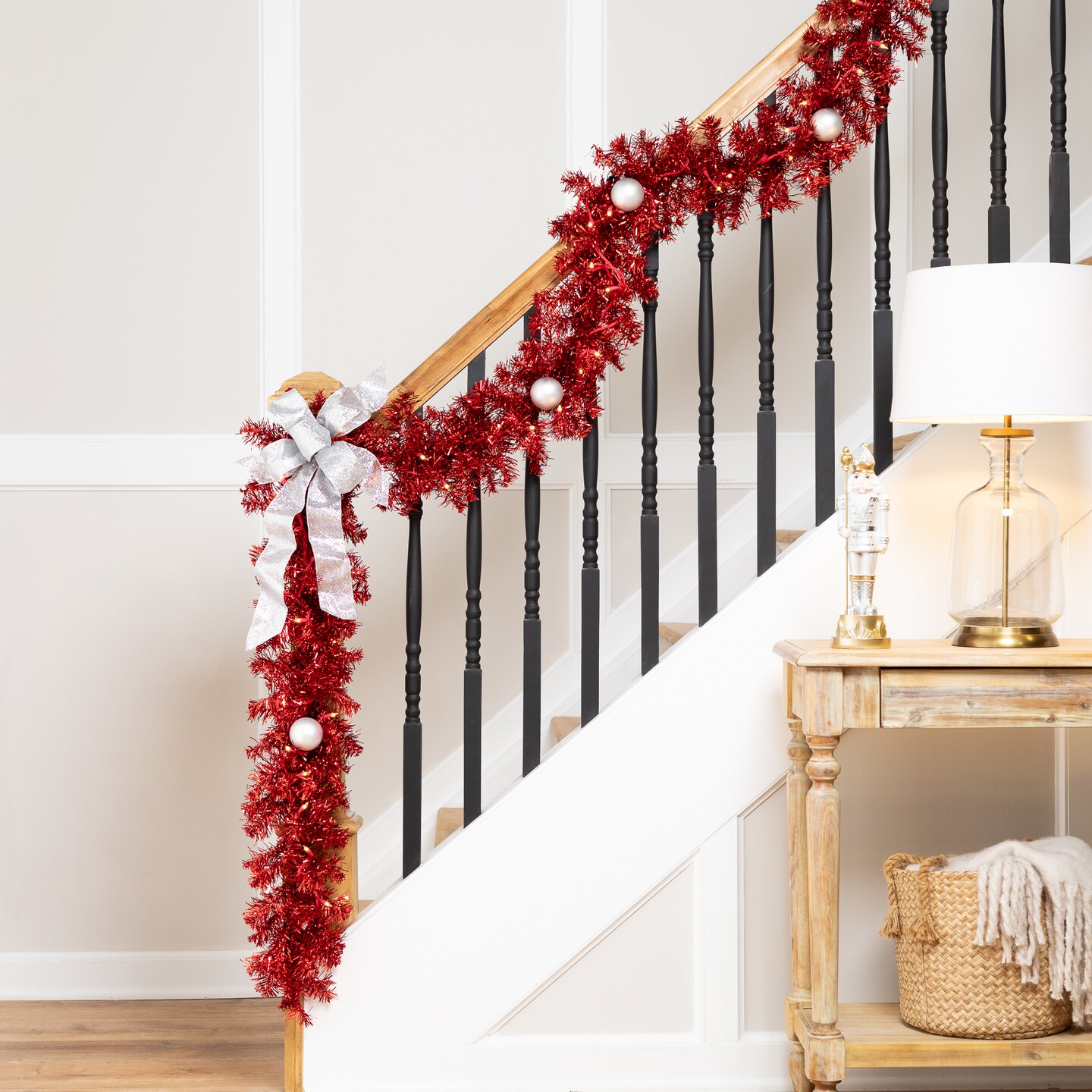 Northlight Pre-Lit Tinsel Artificial Christmas Garland - 9&#x27; x 8&#x22; - Red - Clear Lights