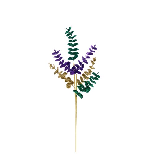 Mardi Gras Glitter Eucalyptus Pick, 17&#x22; Purple Green Gold Stem, Festive Carnival Floral Decor- HG3284