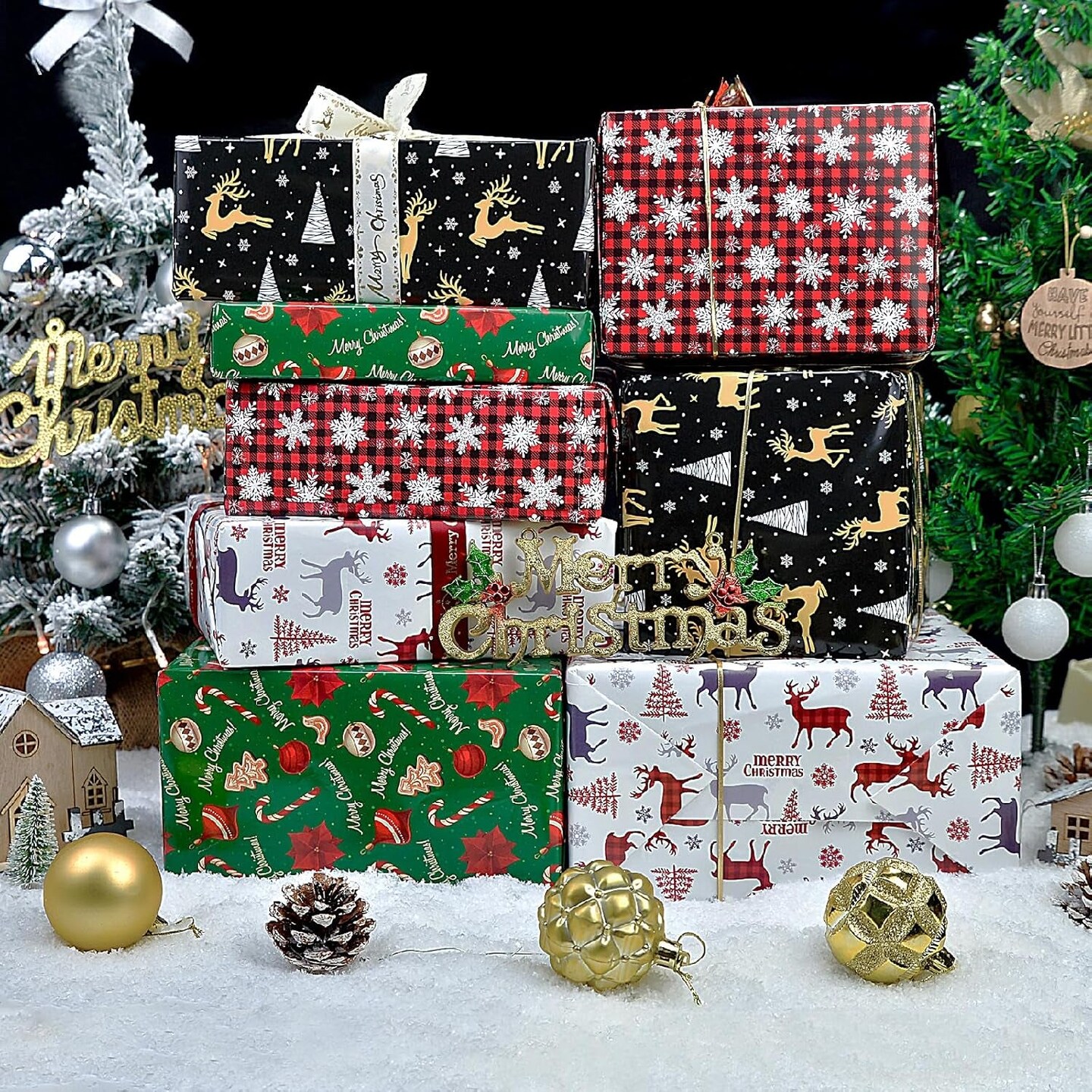 Christmas Wrapping Paper for Women Men Boys Girls,12Pcs Xmas Gift Wrapping Paper with Reindeer, Christmas Tree, Snowflakes, &#x22;Merry Christmas&#x22; Words, Candy Canes, Bells, Holiday Gift Wrap 20&#xD7;29 Inch