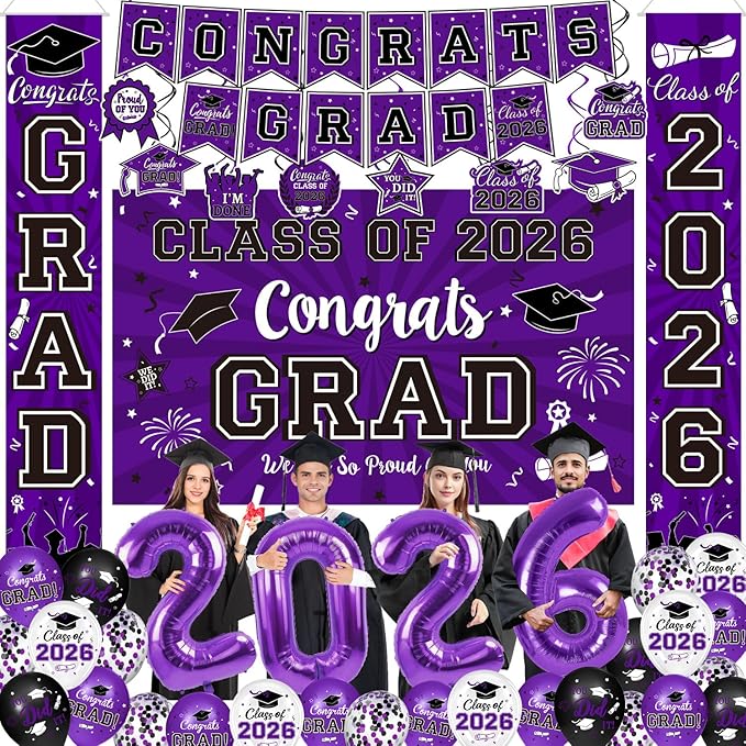Class of 2026 Graduation Decorations - Purple & Black Congrats Grad Party Kit: Fabric Backdrop, Porch Signs, 2026 Foil Balloons & Hanging Swirls - Complete High School & College Set