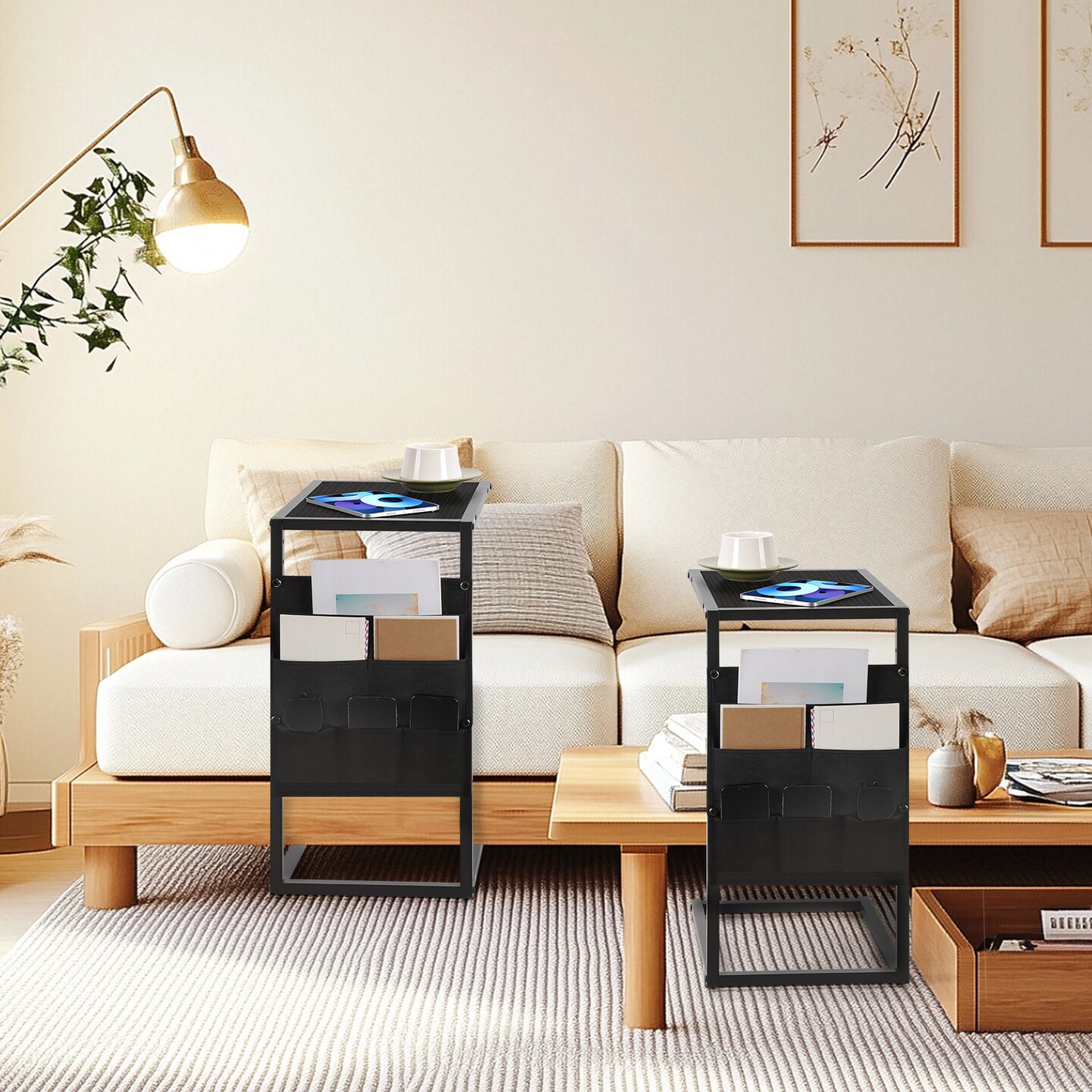 2-Pack C-Shaped Sofa Side Tables with Storage Pockets, Black End Tables for Small Spaces