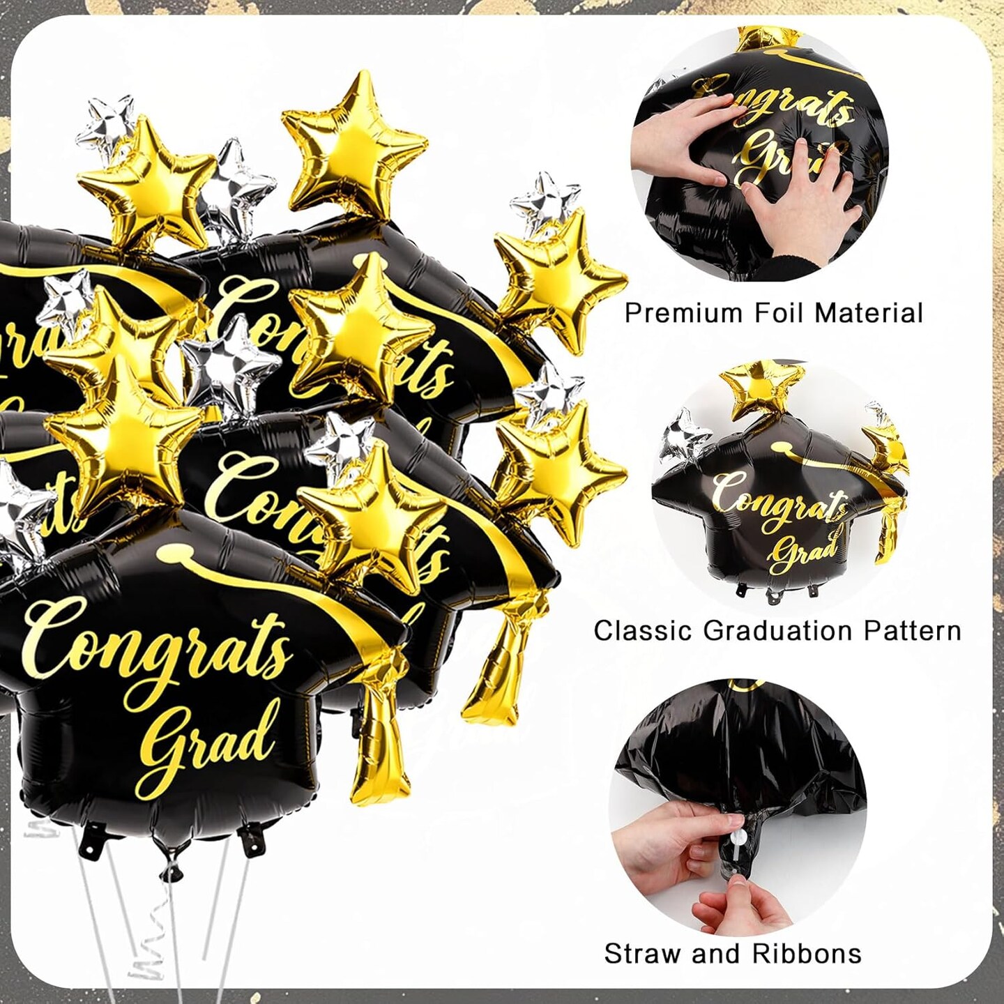 Graduation Party Balloons – 5-Piece Large Black & Gold Graduation Cap Foil Balloon Set (28”) for Class of 2026 Graduation Decorations & Party Displays