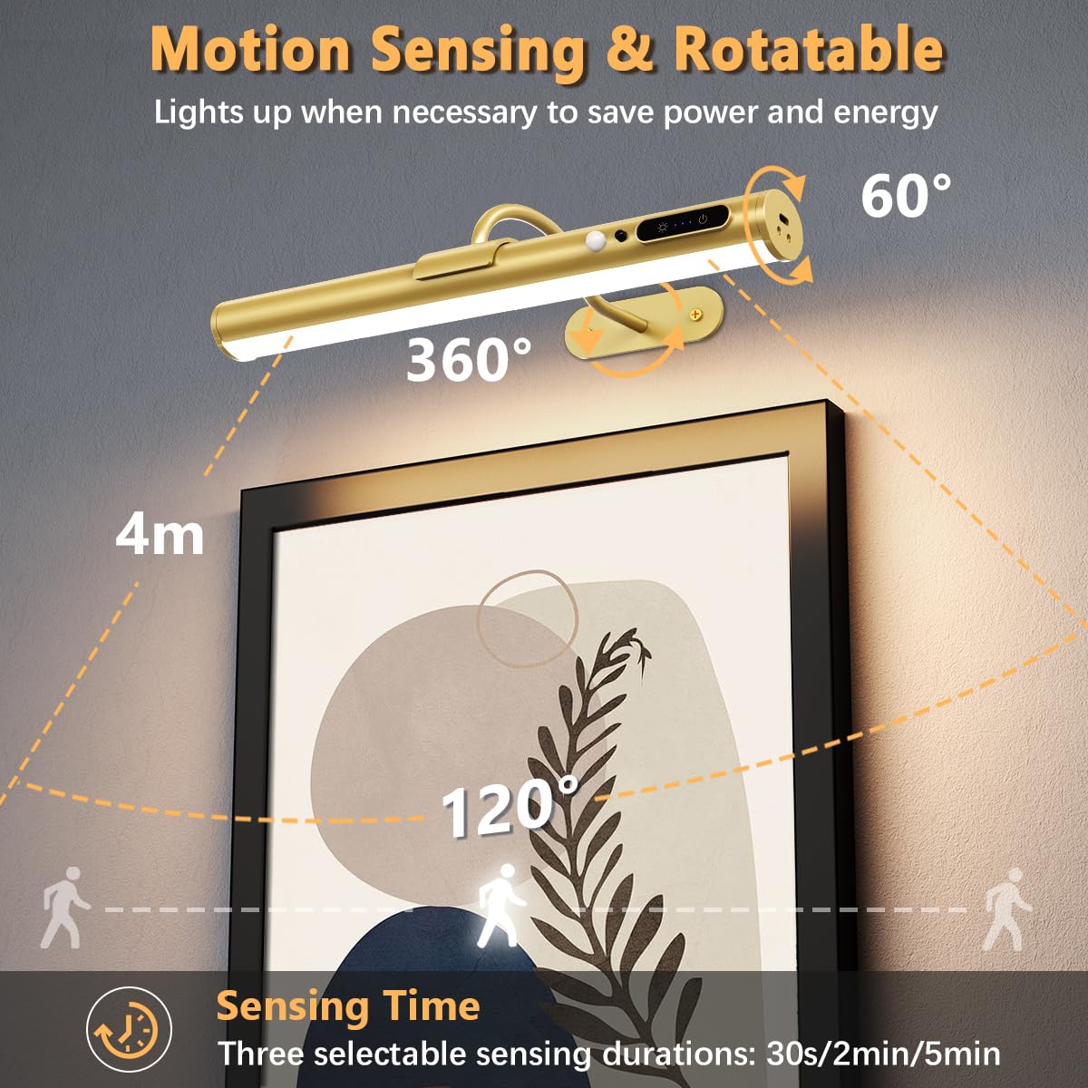 Motion Sensor Battery Operated Wall Sconce, Wireless Picture Lights for Wall, Rechargeable Magnetic Art Lighting with Remote Control, Battery Picture Light for Poster Dartboard Mirror – Gold