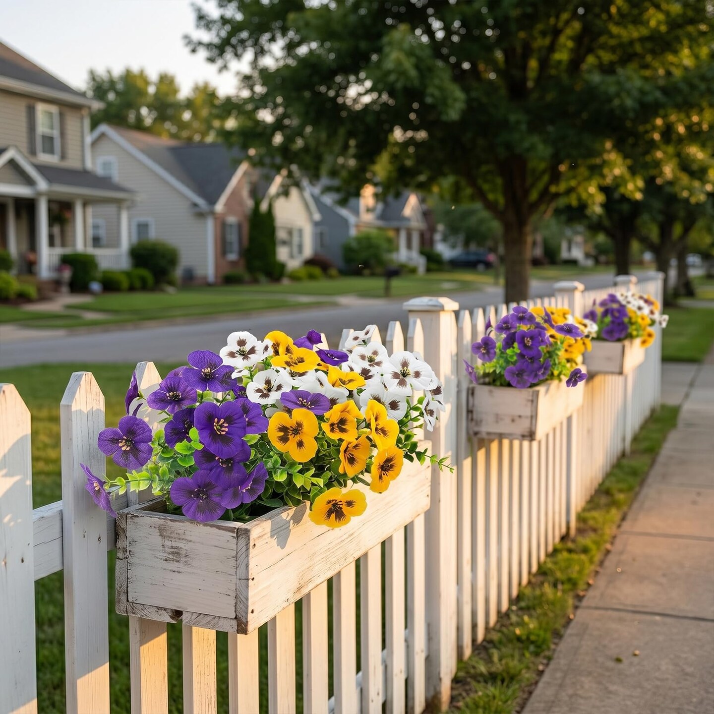 18 Pcs Artificial Fake Pansy Flowers for Outdoor, Faux Silk Pansies Spring Flowers for Outside for Planter Front Door Porch Yard Patio Window Box Home Decor (18, Purple, Yellow, White)