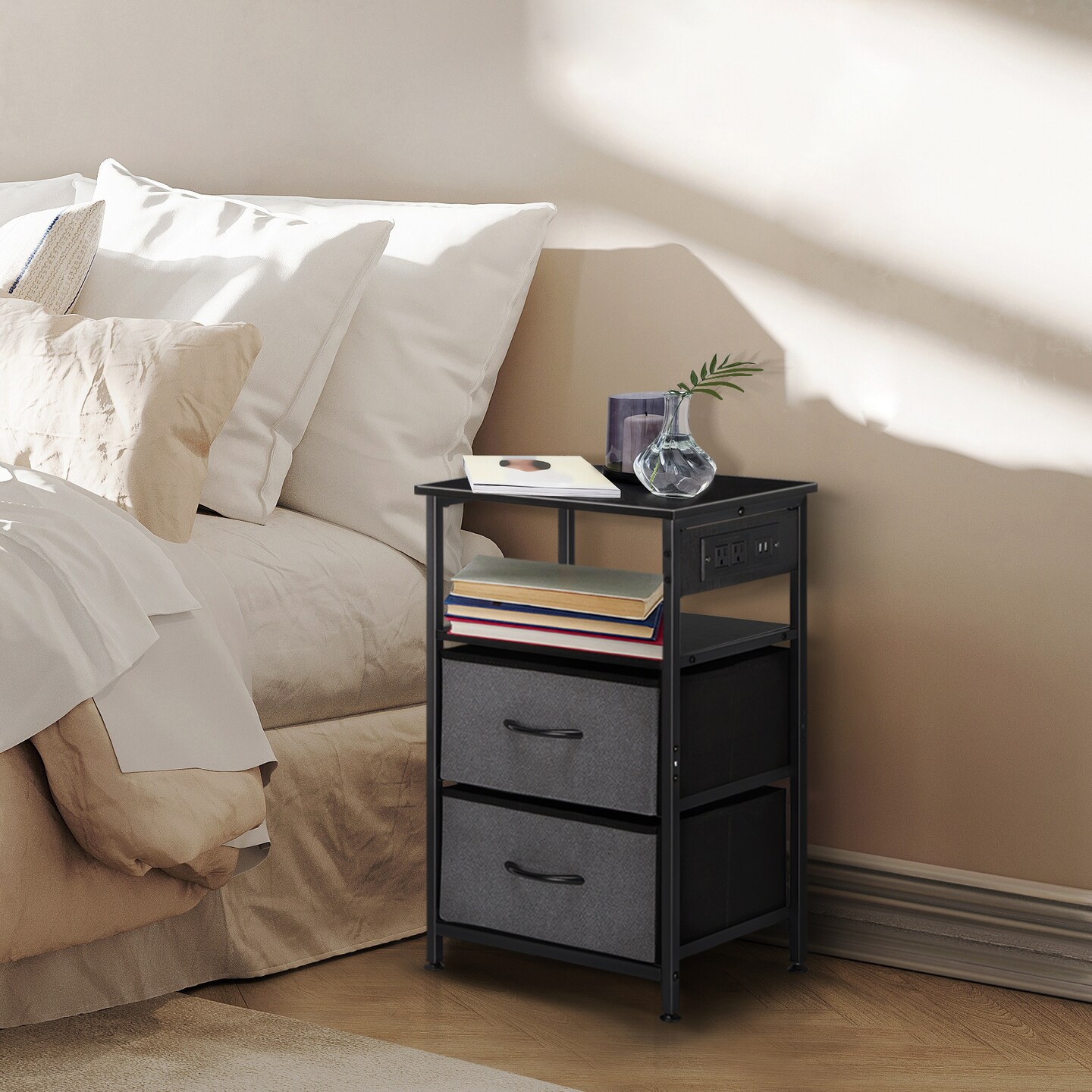 Nightstand with Charging Station, 24.6" Bedside Table with Fabric Drawers & USB Ports