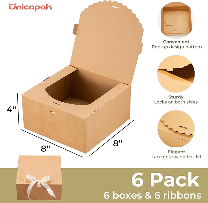 6 Pack Brown Kraft Gift Boxes with Lids (8x8x4") – Large Cardboard Bridesmaid Proposal Boxes with Bows – Decorative Scalloped Edge Gift Boxes for Birthday, Wedding, Christmas & Party Favors