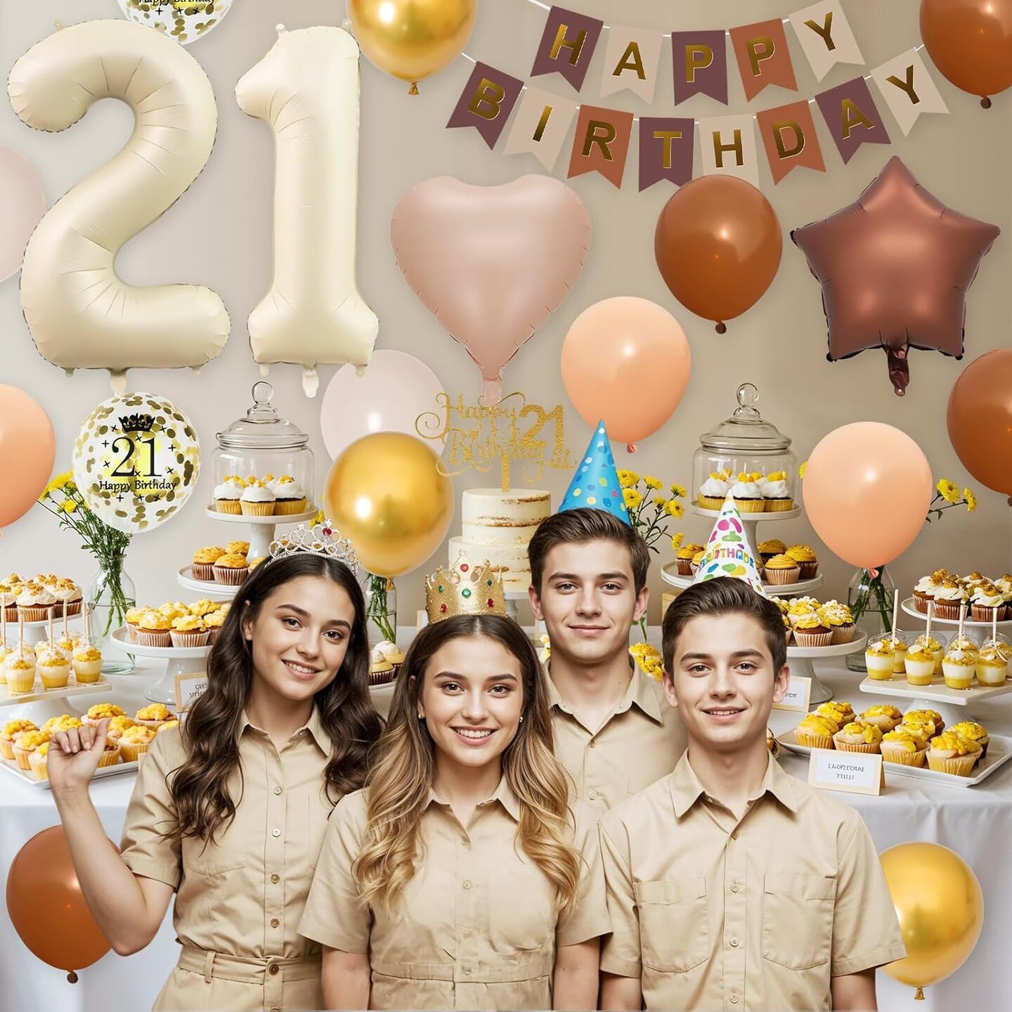 21st Birthday Balloon Number 21 Foil Balloon Happy Birthday Banner with Star Heart Balloons (21st Sand White Brown)
