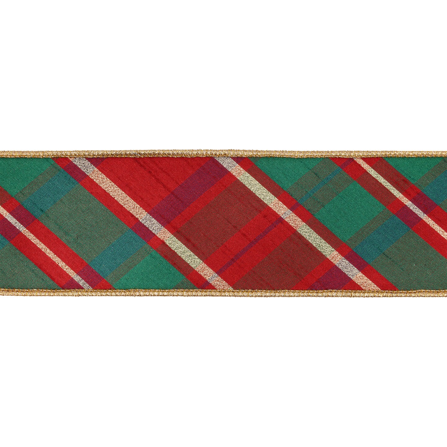 LaRibbons 4&#x22; - 2 1/2&#x22; Wired Dupioni Ribbon | Red/Green/Gold Plaid Bias Cut w/ Double-Fused Gold Backing | 10 Yard Roll
