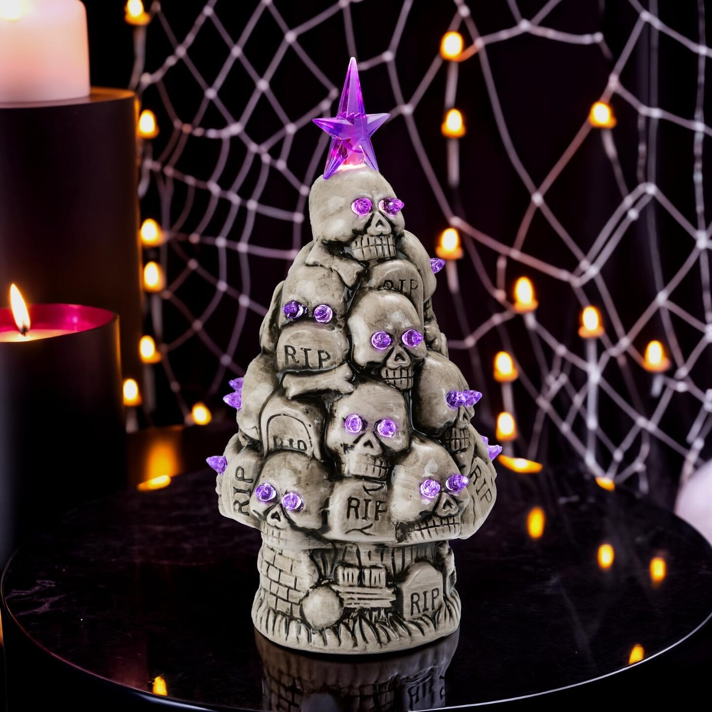 Battery Operated Halloween Gothic Skeleton Tree Tabletop Decor(Ceramic Rip Tombstone Tree)