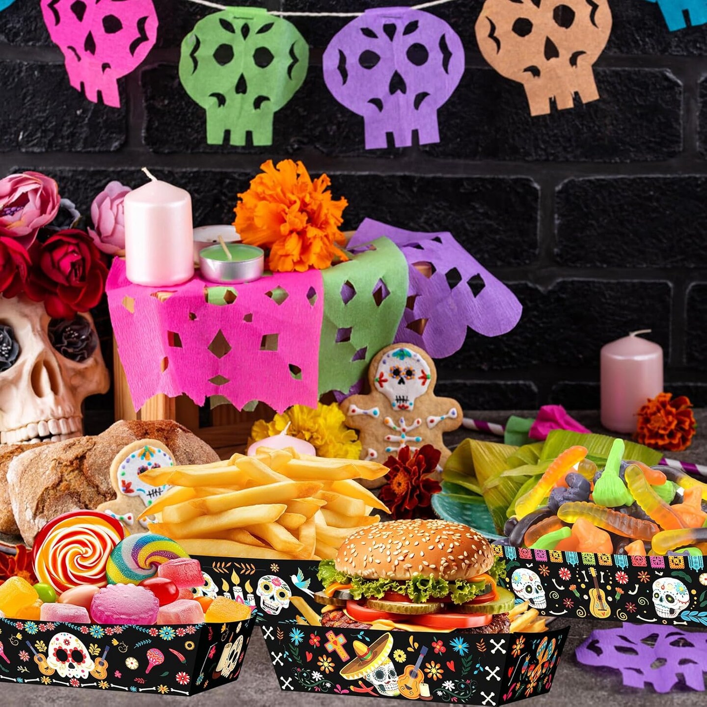 24 Pcs Day of The Dead Food Trays Sugar Skull Paper (Black)