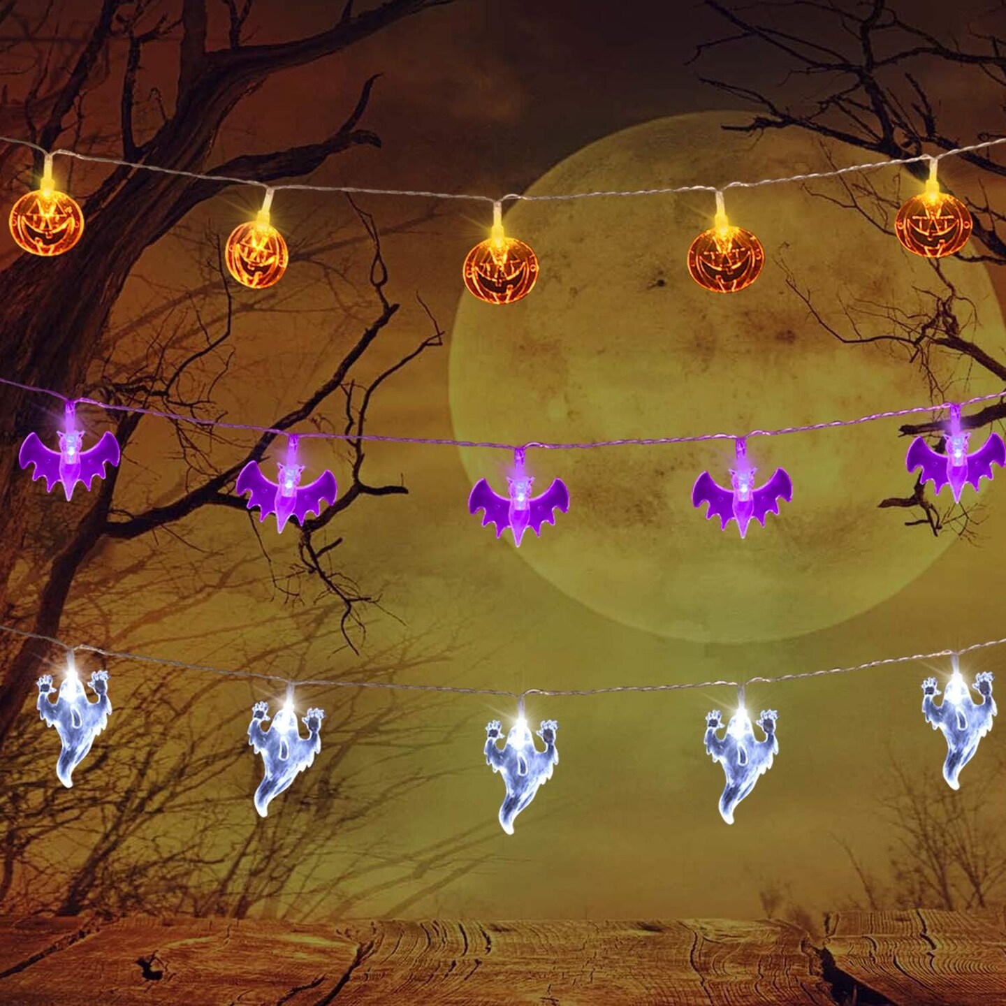 Set of 3 Halloween Lights - Orange Pumpkins, Purple Bats, White Ghosts