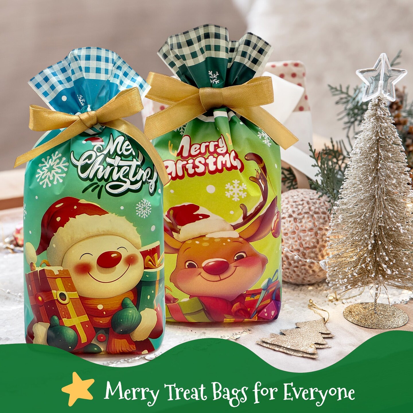 Wrapables Christmas Drawstring Treat Bags for Candy, Cookies, Treats, Gifts and Party Favors (50pcs), Festivity